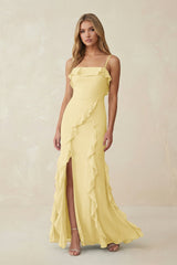 Ruffled Cami Strap Chiffon Sheath Bridesmaid Dress in Pastel Yellow - KissProm Bridesmaid Dresses