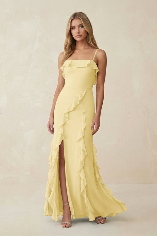 Ruffled Cami Strap Chiffon Sheath Bridesmaid Dress in Pastel Yellow - KissProm Bridesmaid Dresses