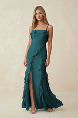 Ruffled Cami Strap Chiffon Sheath Bridesmaid Dress in Pine - KissProm Bridesmaid Dresses