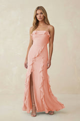 Ruffled Cami Strap Chiffon Sheath Bridesmaid Dress in Rose Petal - KissProm Bridesmaid Dresses
