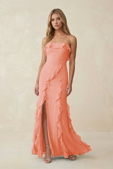 Ruffled Cami Strap Chiffon Sheath Bridesmaid Dress in Rosette - KissProm Bridesmaid Dresses