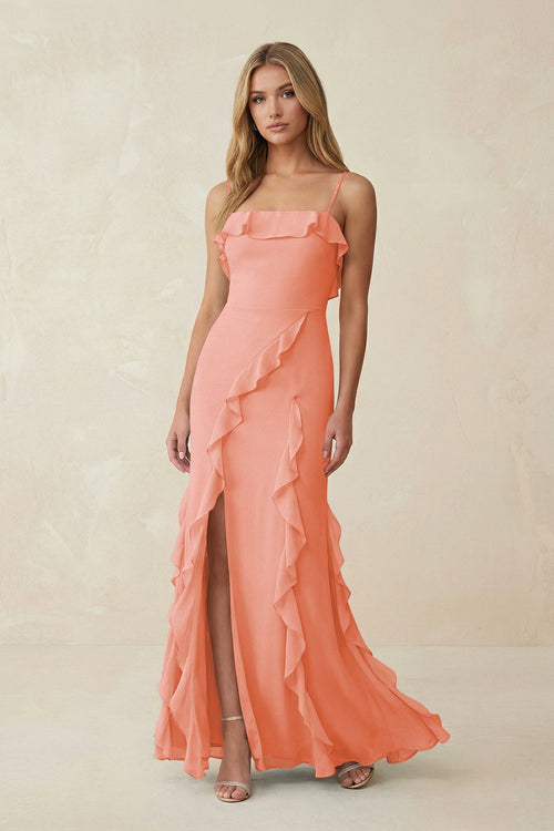 Ruffled Cami Strap Chiffon Sheath Bridesmaid Dress in Rosette - KissProm Bridesmaid Dresses
