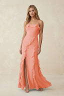 Ruffled Cami Strap Chiffon Sheath Bridesmaid Dress in Rosette - KissProm Bridesmaid Dresses