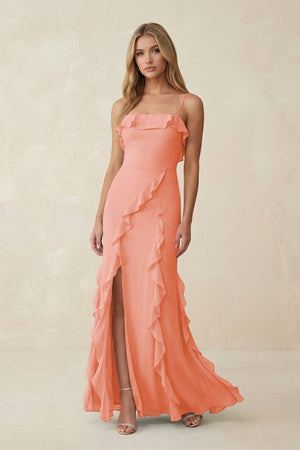 Ruffled Cami Strap Chiffon Sheath Bridesmaid Dress in Rosette - KissProm Bridesmaid Dresses