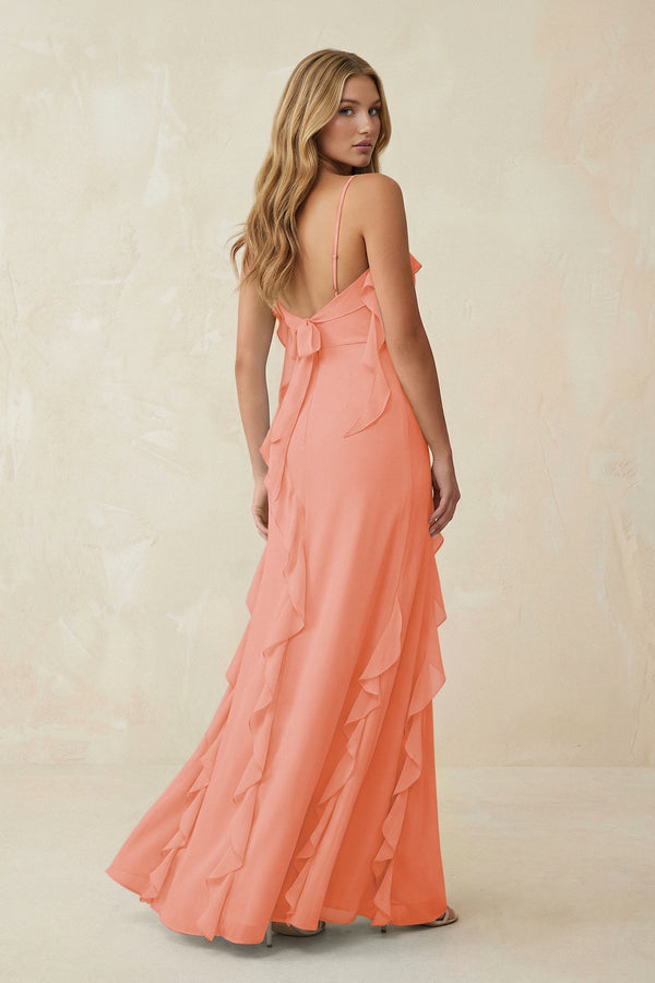Ruffled Cami Strap Chiffon Sheath Bridesmaid Dress in Rosette - KissProm Bridesmaid Dresses