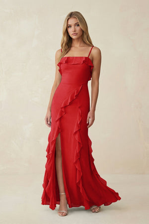 Ruffled Cami Strap Chiffon Sheath Bridesmaid Dress in Ruby Red - KissProm Bridesmaid Dresses