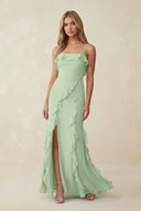 Ruffled Cami Strap Chiffon Sheath Bridesmaid Dress in Sage - KissProm Bridesmaid Dresses