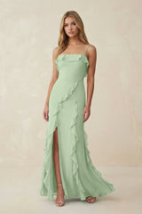 Ruffled Cami Strap Chiffon Sheath Bridesmaid Dress in Sage - KissProm Bridesmaid Dresses