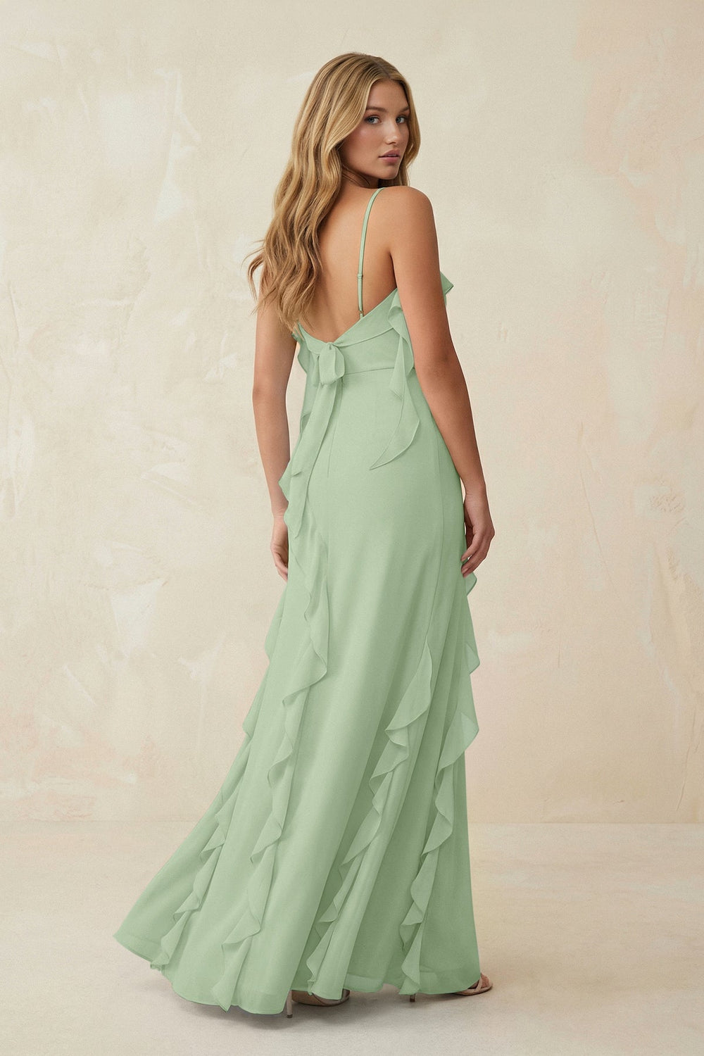 Ruffled Cami Strap Chiffon Sheath Bridesmaid Dress in Sage - KissProm Bridesmaid Dresses