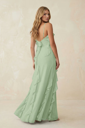 Ruffled Cami Strap Chiffon Sheath Bridesmaid Dress in Sage - KissProm Bridesmaid Dresses