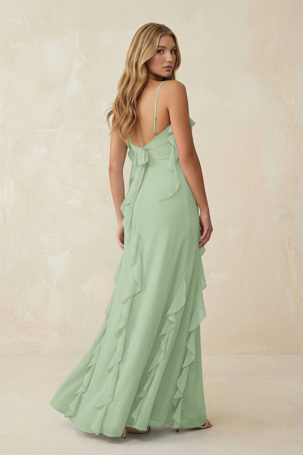 Ruffled Cami Strap Chiffon Sheath Bridesmaid Dress in Sage - KissProm Bridesmaid Dresses