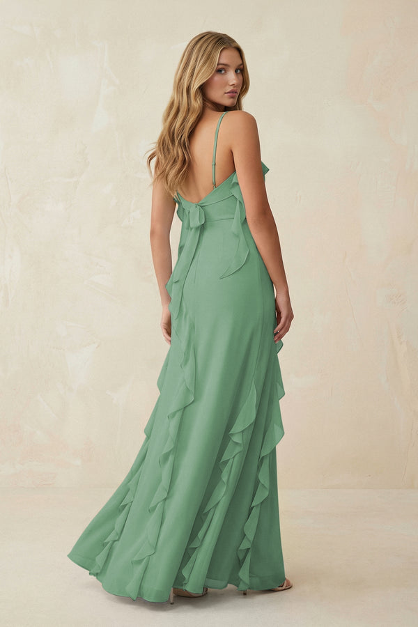 Ruffled Cami Strap Chiffon Sheath Bridesmaid Dress in Sea Glass - KissProm Bridesmaid Dresses