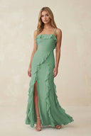 Ruffled Cami Strap Chiffon Sheath Bridesmaid Dress in Sea Glass - KissProm Bridesmaid Dresses