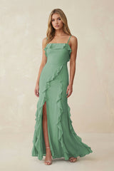 Ruffled Cami Strap Chiffon Sheath Bridesmaid Dress in Sea Glass - KissProm Bridesmaid Dresses