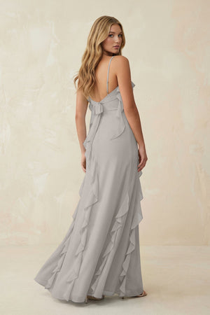 Ruffled Cami Strap Chiffon Sheath Bridesmaid Dress in Silver - KissProm Bridesmaid Dresses