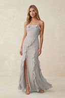 Ruffled Cami Strap Chiffon Sheath Bridesmaid Dress in Silver - KissProm Bridesmaid Dresses
