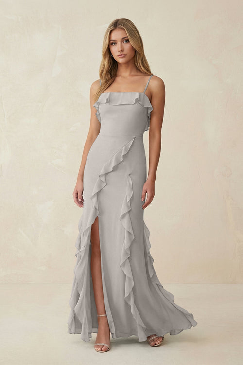 Ruffled Cami Strap Chiffon Sheath Bridesmaid Dress in Silver - KissProm Bridesmaid Dresses