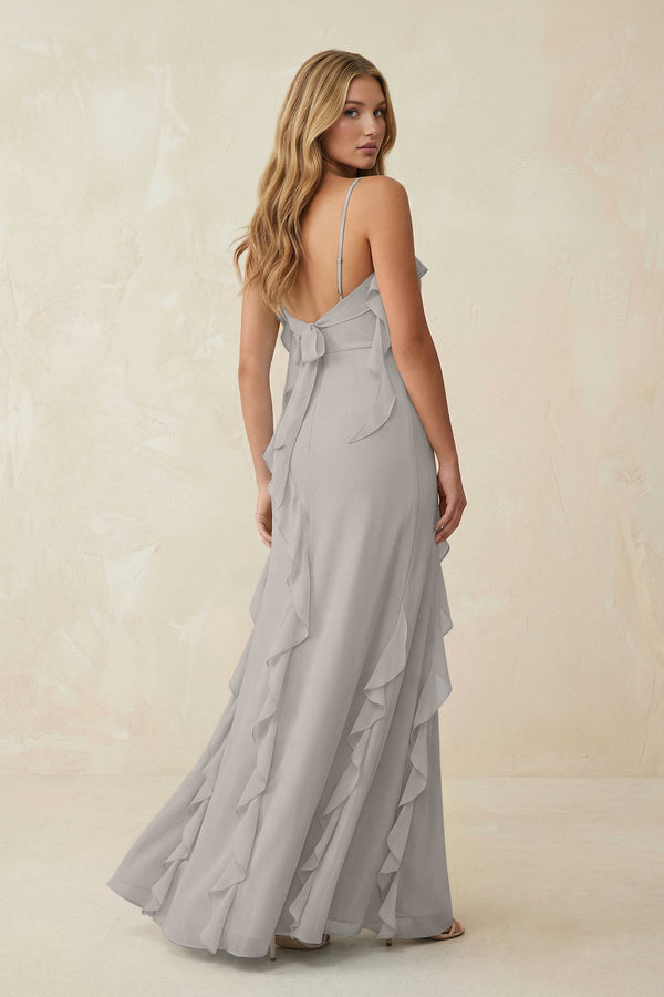 Ruffled Cami Strap Chiffon Sheath Bridesmaid Dress in Silver - KissProm Bridesmaid Dresses
