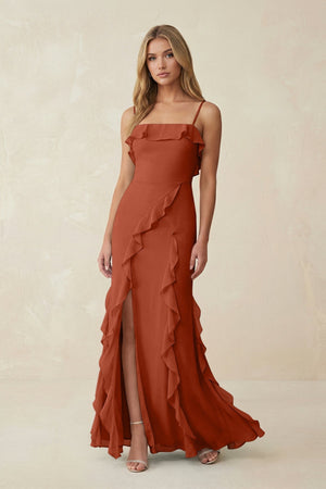 Ruffled Cami Strap Chiffon Sheath Bridesmaid Dress in Spice - KissProm Bridesmaid Dresses