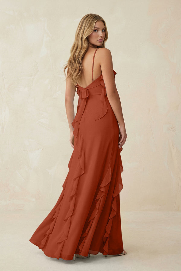Ruffled Cami Strap Chiffon Sheath Bridesmaid Dress in Spice - KissProm Bridesmaid Dresses