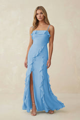 Ruffled Cami Strap Chiffon Sheath Bridesmaid Dress in Steel Blue - KissProm Bridesmaid Dresses