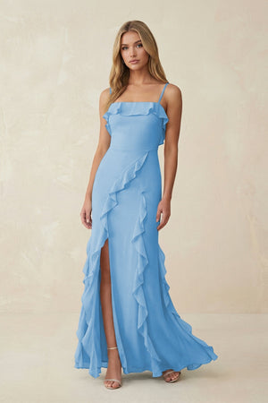 Ruffled Cami Strap Chiffon Sheath Bridesmaid Dress in Steel Blue - KissProm Bridesmaid Dresses