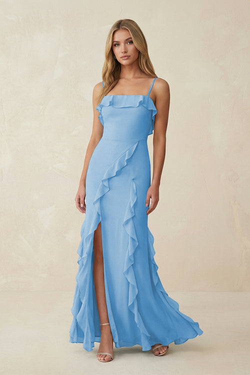 Ruffled Cami Strap Chiffon Sheath Bridesmaid Dress in Steel Blue - KissProm Bridesmaid Dresses