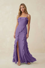 Ruffled Cami Strap Chiffon Sheath Bridesmaid Dress in Tahiti - KissProm Bridesmaid Dresses