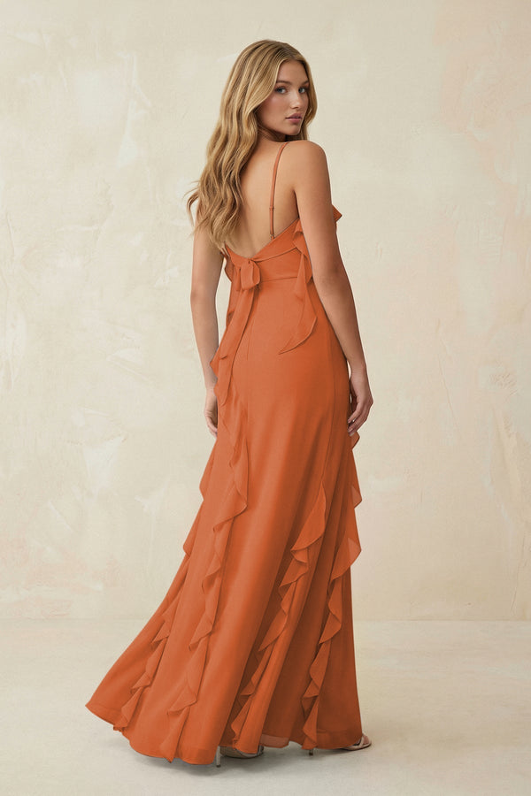 Ruffled Cami Strap Chiffon Sheath Bridesmaid Dress in Terracotta - KissProm Bridesmaid Dresses