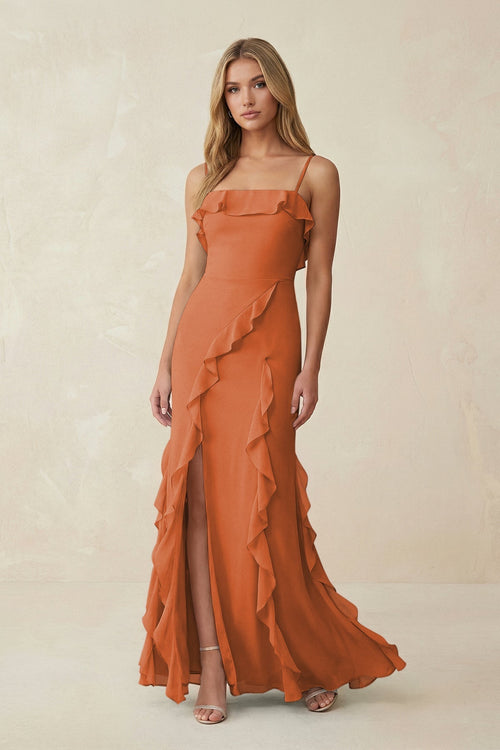 Ruffled Cami Strap Chiffon Sheath Bridesmaid Dress in Terracotta - KissProm Bridesmaid Dresses