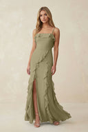 Ruffled Cami Strap Chiffon Sheath Bridesmaid Dress in Thyme - KissProm Bridesmaid Dresses