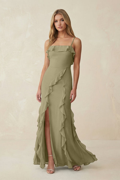 Ruffled Cami Strap Chiffon Sheath Bridesmaid Dress in Thyme - KissProm Bridesmaid Dresses