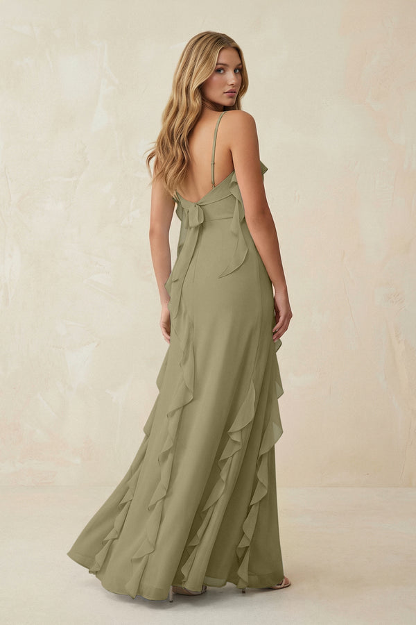 Ruffled Cami Strap Chiffon Sheath Bridesmaid Dress in Thyme - KissProm Bridesmaid Dresses