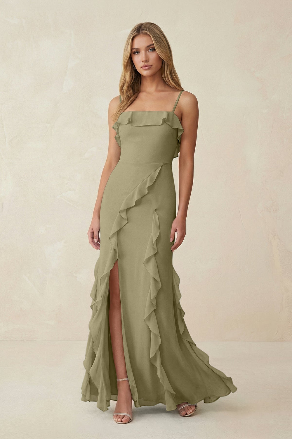 Ruffled Cami Strap Chiffon Sheath Bridesmaid Dress in Thyme - KissProm Bridesmaid Dresses