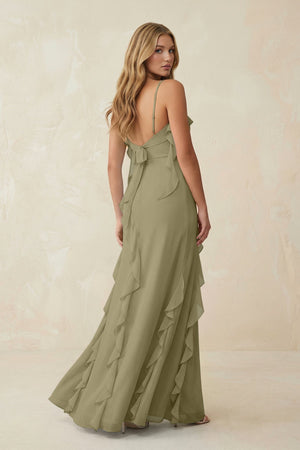 Ruffled Cami Strap Chiffon Sheath Bridesmaid Dress in Thyme - KissProm Bridesmaid Dresses
