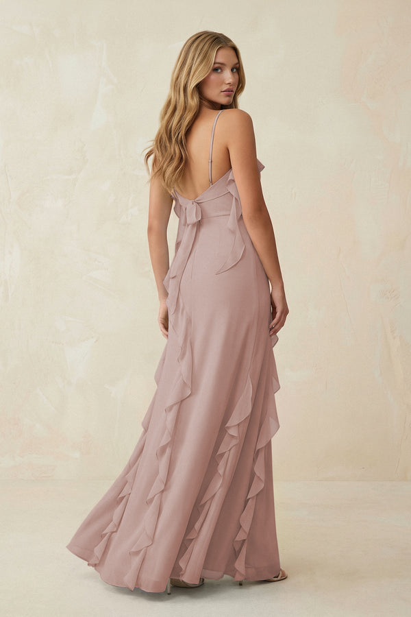 Ruffled Cami Strap Chiffon Sheath Bridesmaid Dress in Toffee - KissProm Bridesmaid Dresses