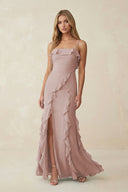 Ruffled Cami Strap Chiffon Sheath Bridesmaid Dress in Toffee - KissProm Bridesmaid Dresses
