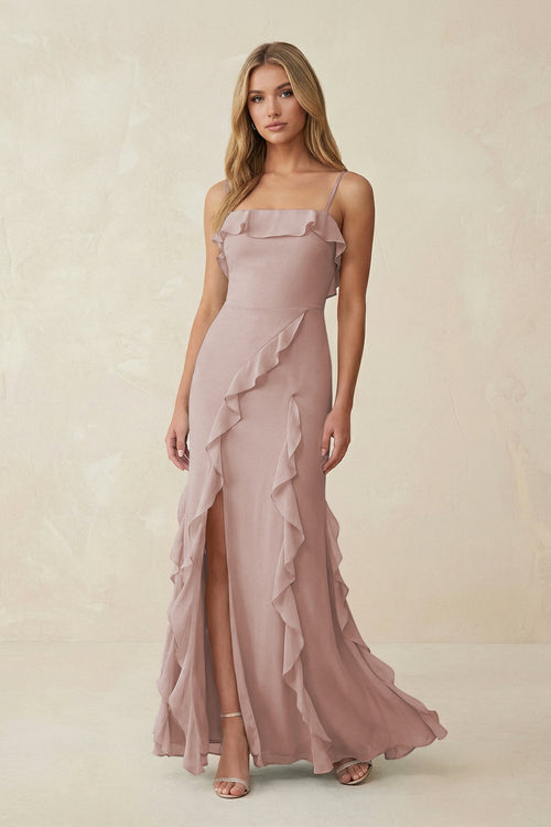Ruffled Cami Strap Chiffon Sheath Bridesmaid Dress in Toffee - KissProm Bridesmaid Dresses