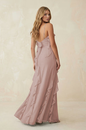 Ruffled Cami Strap Chiffon Sheath Bridesmaid Dress in Toffee - KissProm Bridesmaid Dresses