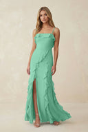 Ruffled Cami Strap Chiffon Sheath Bridesmaid Dress in Turquoise - KissProm Bridesmaid Dresses