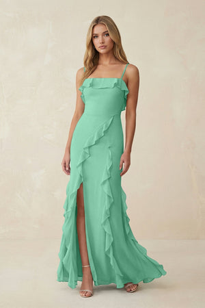 Ruffled Cami Strap Chiffon Sheath Bridesmaid Dress in Turquoise - KissProm Bridesmaid Dresses
