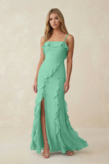 Ruffled Cami Strap Chiffon Sheath Bridesmaid Dress in Turquoise - KissProm Bridesmaid Dresses