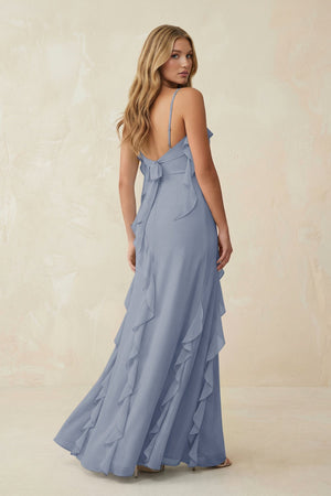 Ruffled Cami Strap Chiffon Sheath Bridesmaid Dress in Twilight - KissProm Bridesmaid Dresses