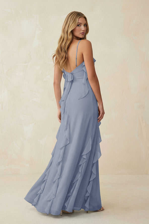 Ruffled Cami Strap Chiffon Sheath Bridesmaid Dress in Twilight - KissProm Bridesmaid Dresses