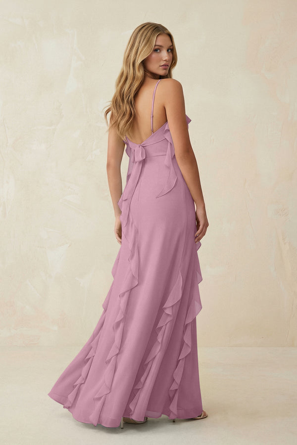 Ruffled Cami Strap Chiffon Sheath Bridesmaid Dress in Vintage Mauve - KissProm Bridesmaid Dresses
