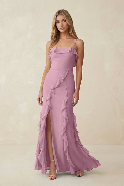 Ruffled Cami Strap Chiffon Sheath Bridesmaid Dress in Vintage Mauve - KissProm Bridesmaid Dresses