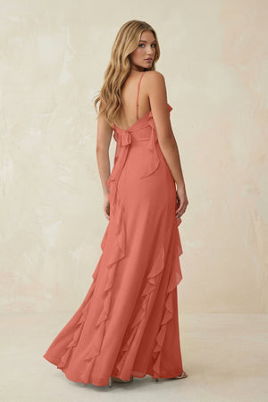 Ruffled Cami Strap Chiffon Sheath Bridesmaid Dress in Wild Rose - KissProm Bridesmaid Dresses