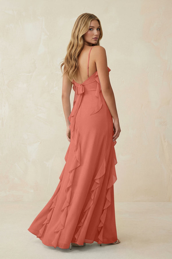Ruffled Cami Strap Chiffon Sheath Bridesmaid Dress in Wild Rose - KissProm Bridesmaid Dresses