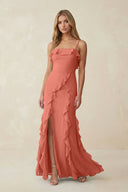 Ruffled Cami Strap Chiffon Sheath Bridesmaid Dress in Wild Rose - KissProm Bridesmaid Dresses
