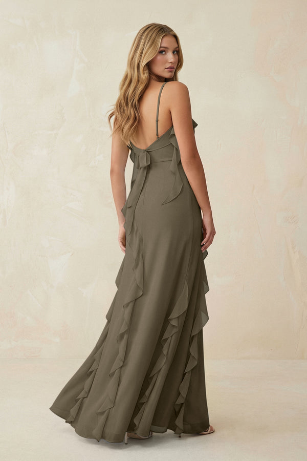 Ruffled Cami Strap Chiffon Sheath Bridesmaid Dress in Willow Green - KissProm Bridesmaid Dresses